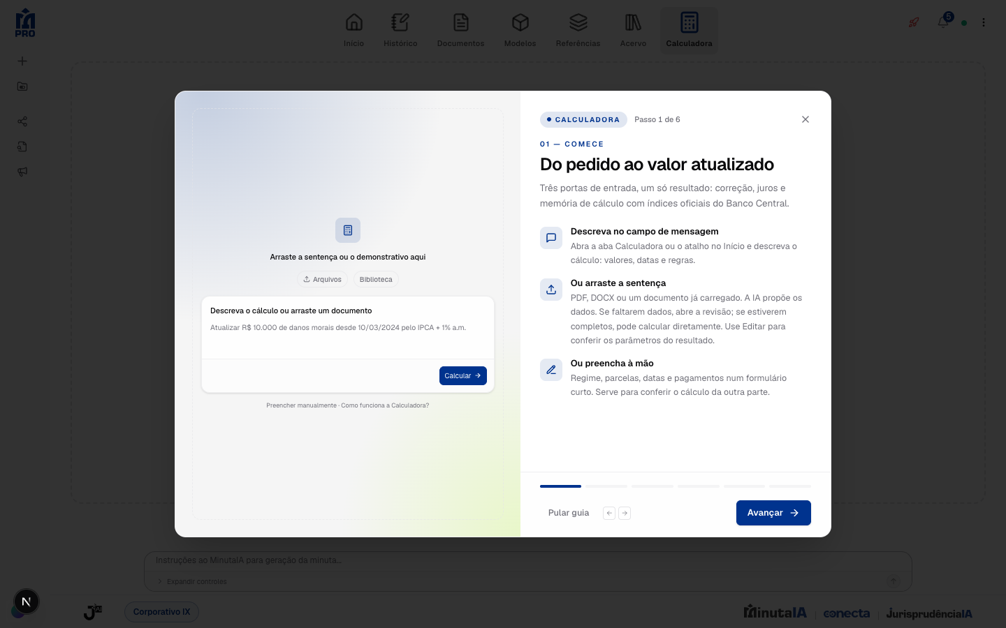 Calculadora: Informe o débito. Valor, datas e o tipo de dívida, em texto ou no formulário.