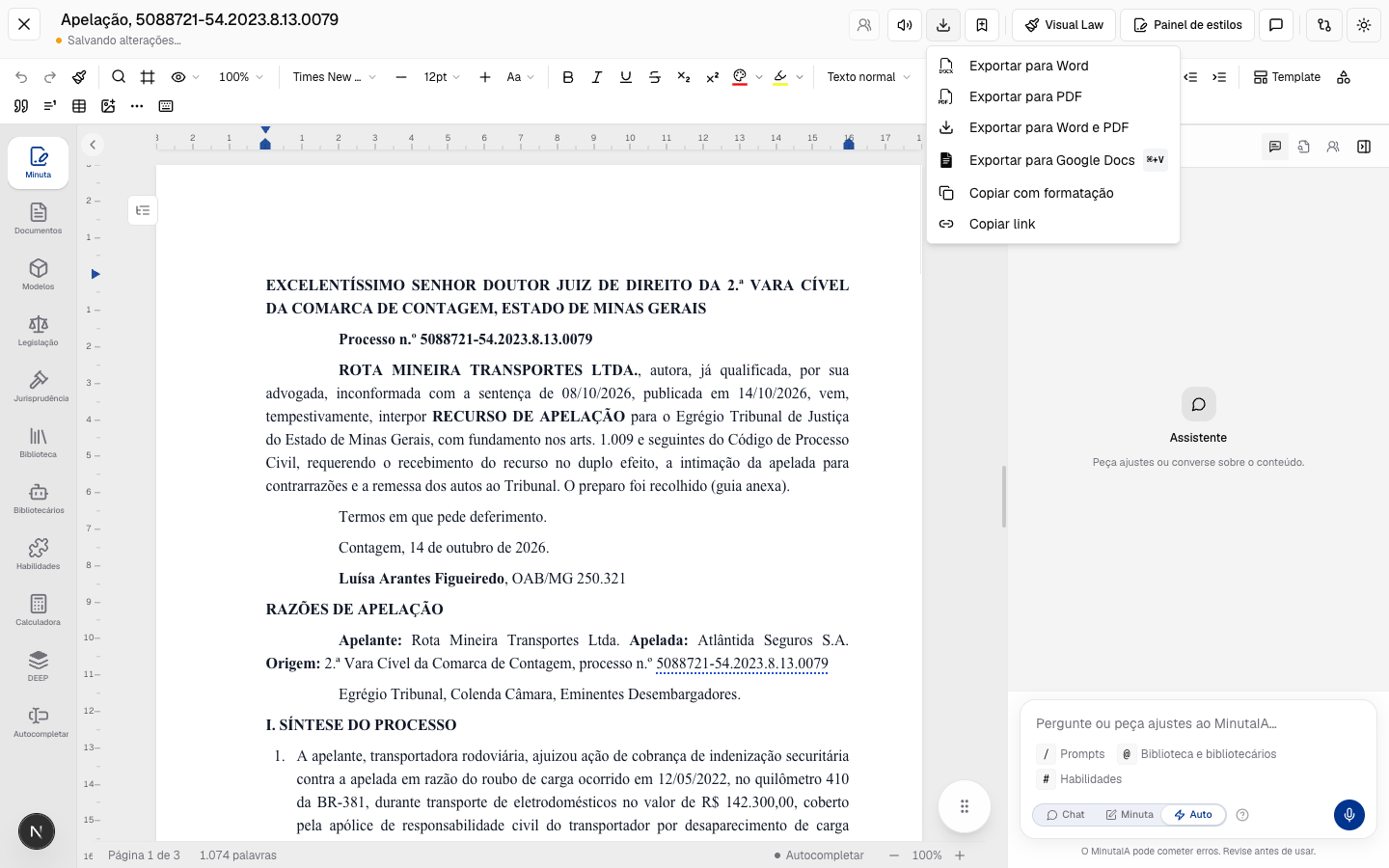 Word: Exporte a peça. Word ou PDF, com um clique, a partir do editor.